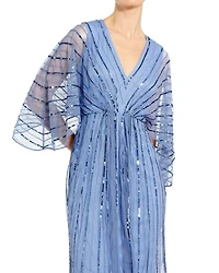 Mac Duggal Women's Beaded Striping Kimono Sleeve V Neck Dress