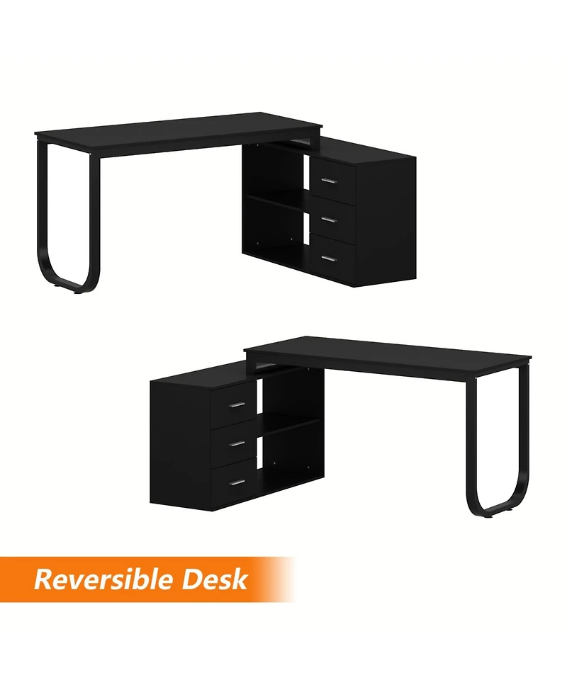 Famapy 55.1 in. L-Shaped Brown Wood Computer Desk Writing Office Executive W/Removable Tabletop, Shelves, 3-Drawers