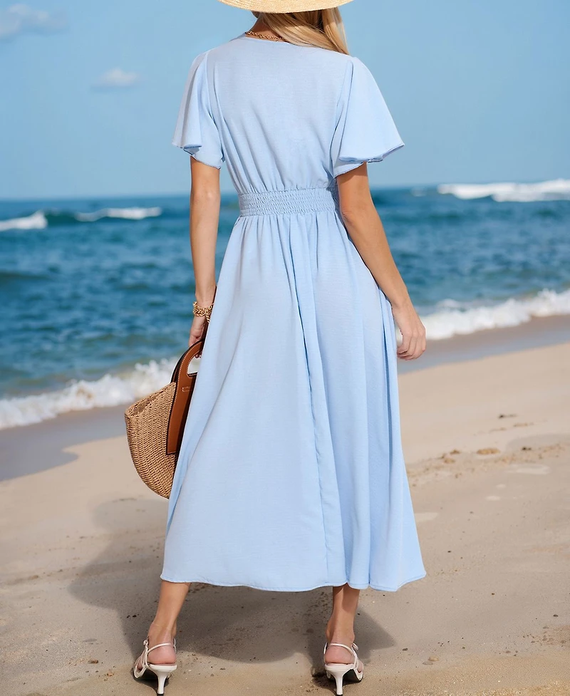 Cupshe Women's V-Neck Flutter Sleeve Midi Beach Dress