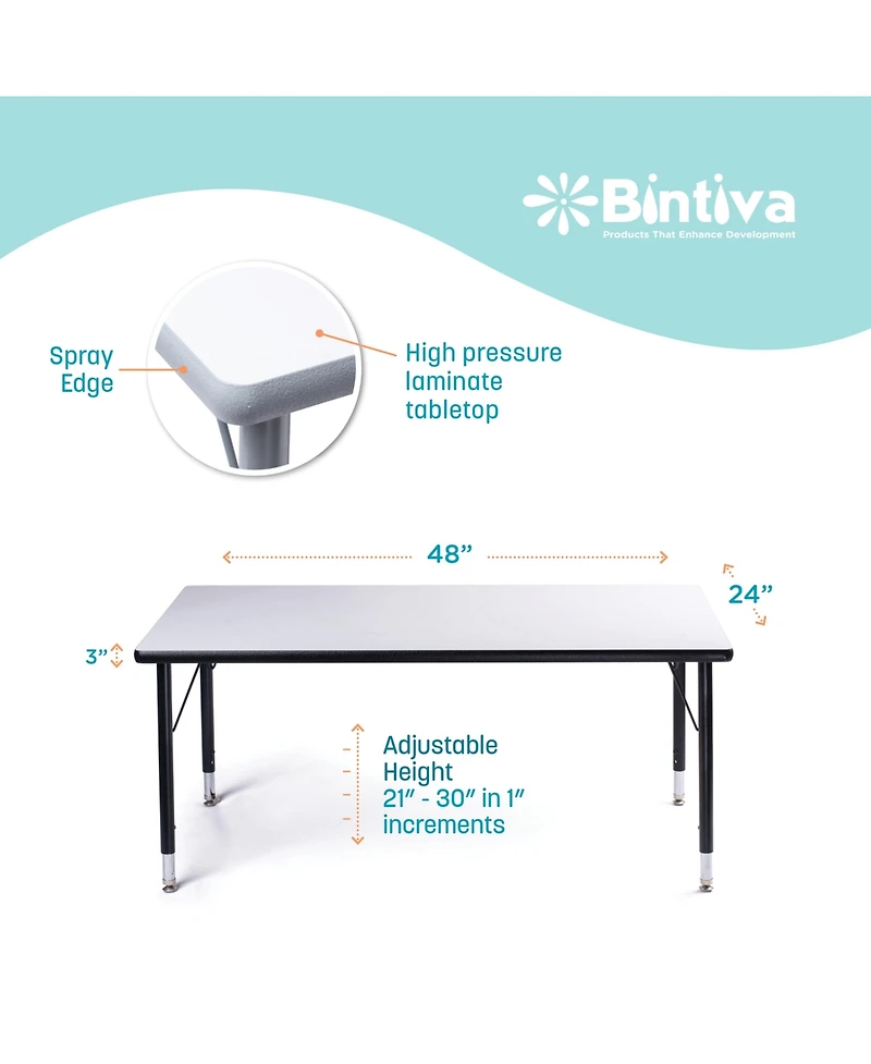 Bintiva Activity Table 24" x 48" Gray Edge - Gray Legs Adjusts 21" - 30" - Black edge