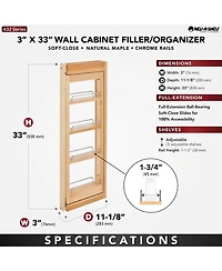 Rev-a-Shelf 3" Pullout Wall Filler w/ Soft-close, 33" Height, 432-WFBBSC33-3C