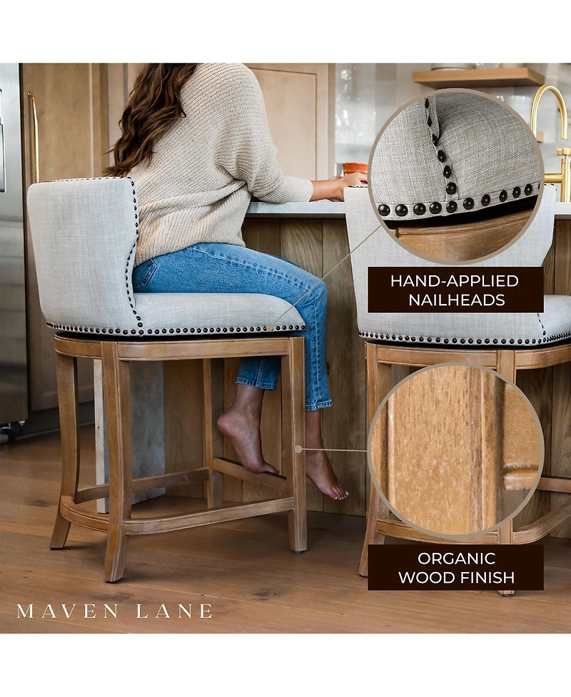 Maven Lane Hugo Counter Stool, Weathered Oak w/ Sand Fabric Upholstery, Set of 2