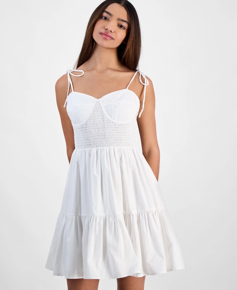 Juniors' Cotton Corset Tie-Strap Mini Dress