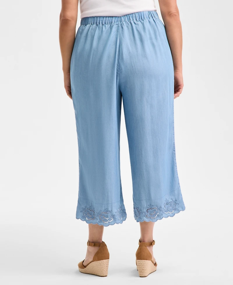Style & Co Plus Embroidered-Hem Chambray Pull-On Pants, Exclusively at Macy's