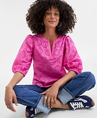 On 34th Women's Solid Eyelet Puff-Sleeve Blouse, Created for Macy's