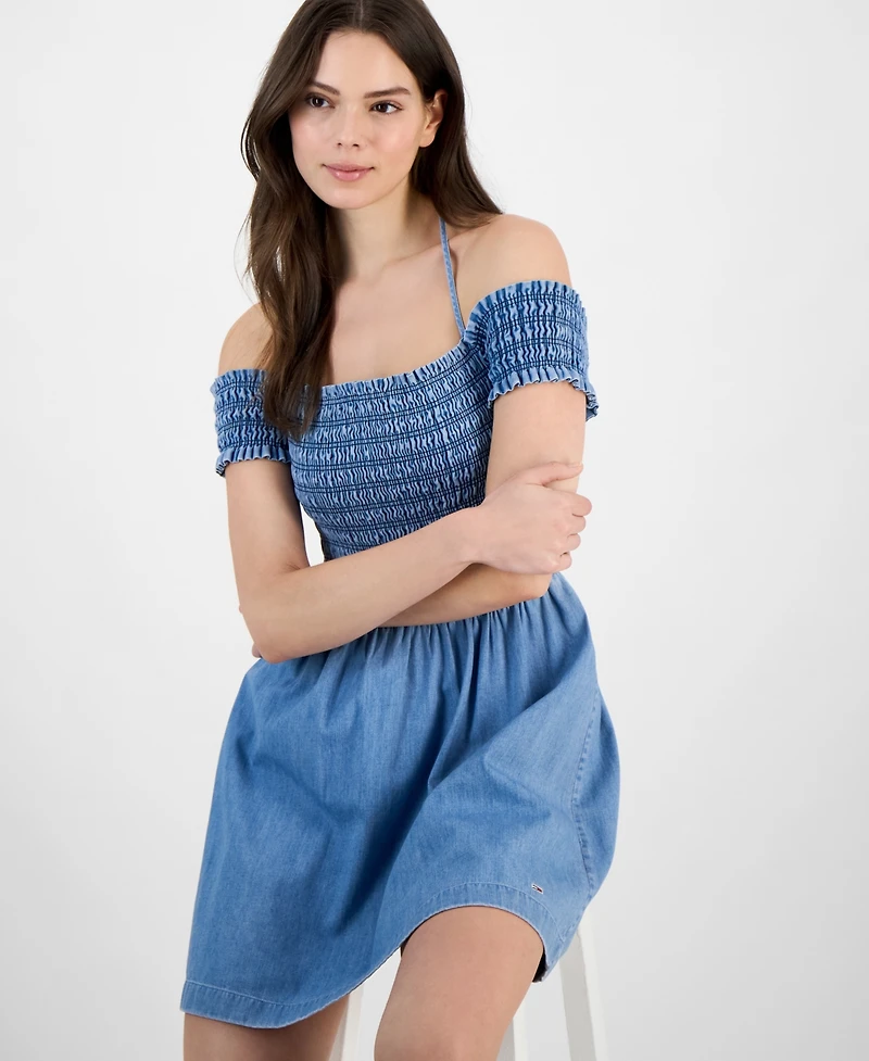 Tommy Jeans Women's Cotton Smocked-Bodice Fit & Flare Dress