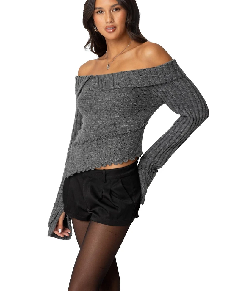 Edikted Womens Mikkie Asymmetric Fold Over Knit Top