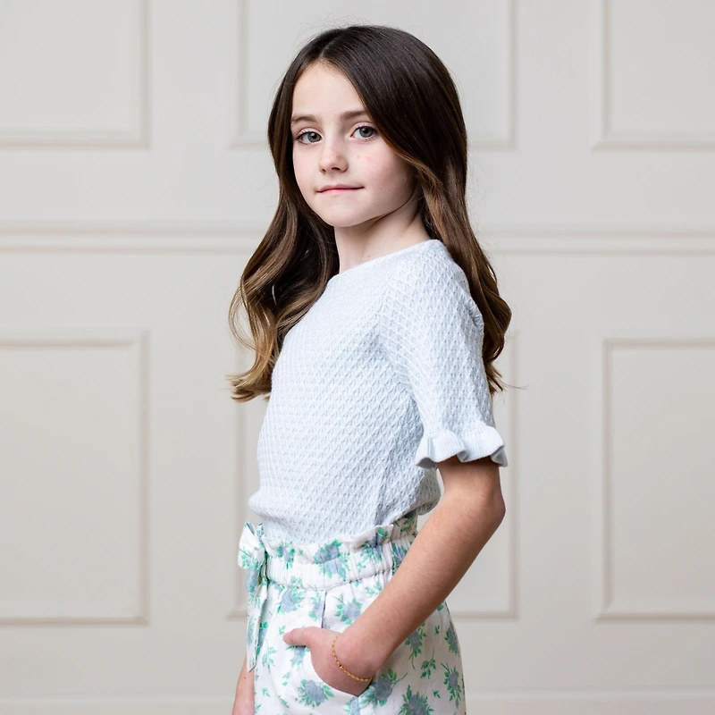 Hope & Henry Girls' Organic Short Sleeve Ruffle Edge Sweater Knit Top, Kids