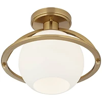 Oblys 12" Modern Semi Flush-Mount Mini Ceiling Light Fixture Kitchen Foyer Hallway Round Globe Warm Brass Finish White Glass Metal Bedroom Bathro