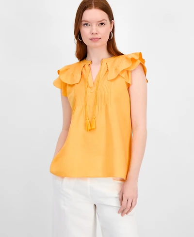 T Tahari Women's Woven Tasseled-Tie Flutter-Sleeve Blouse