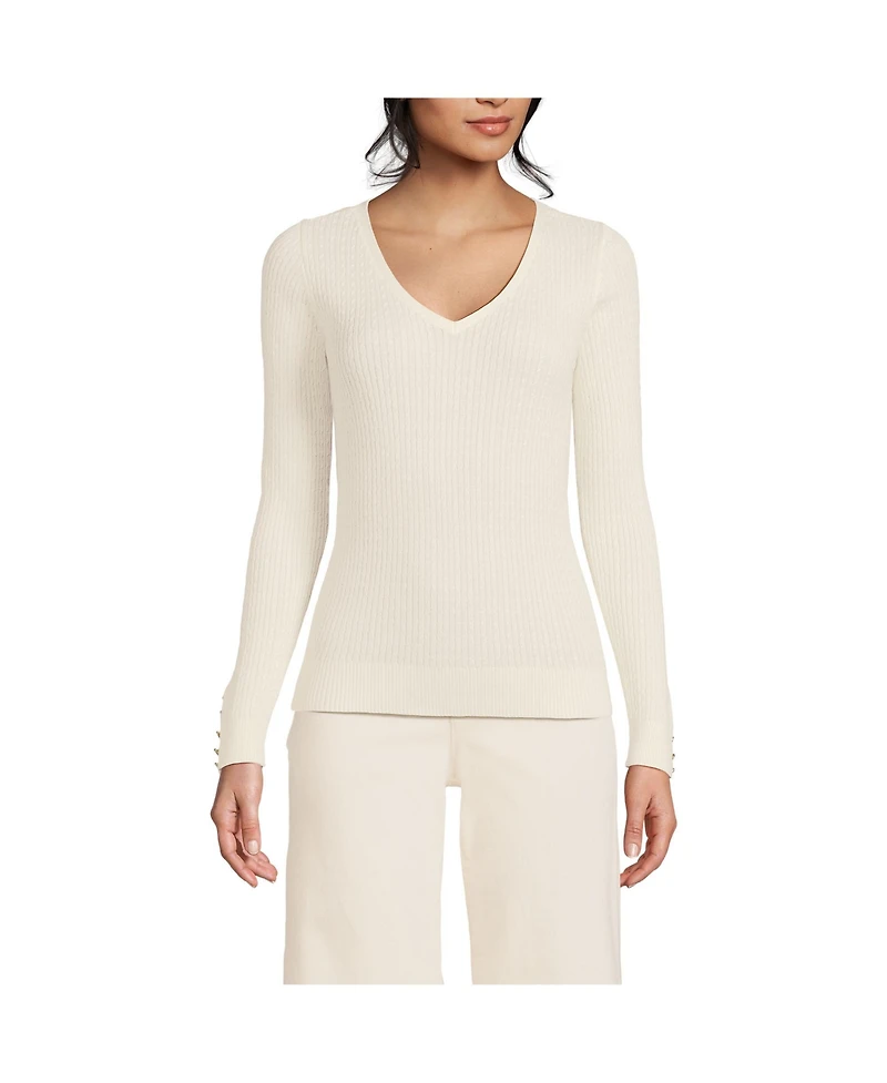 Lands' End Women's Fine Gauge Cotton Baby Cable Vneck Sweater