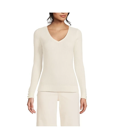 Lands' End Women's Fine Gauge Cotton Baby Cable Vneck Sweater