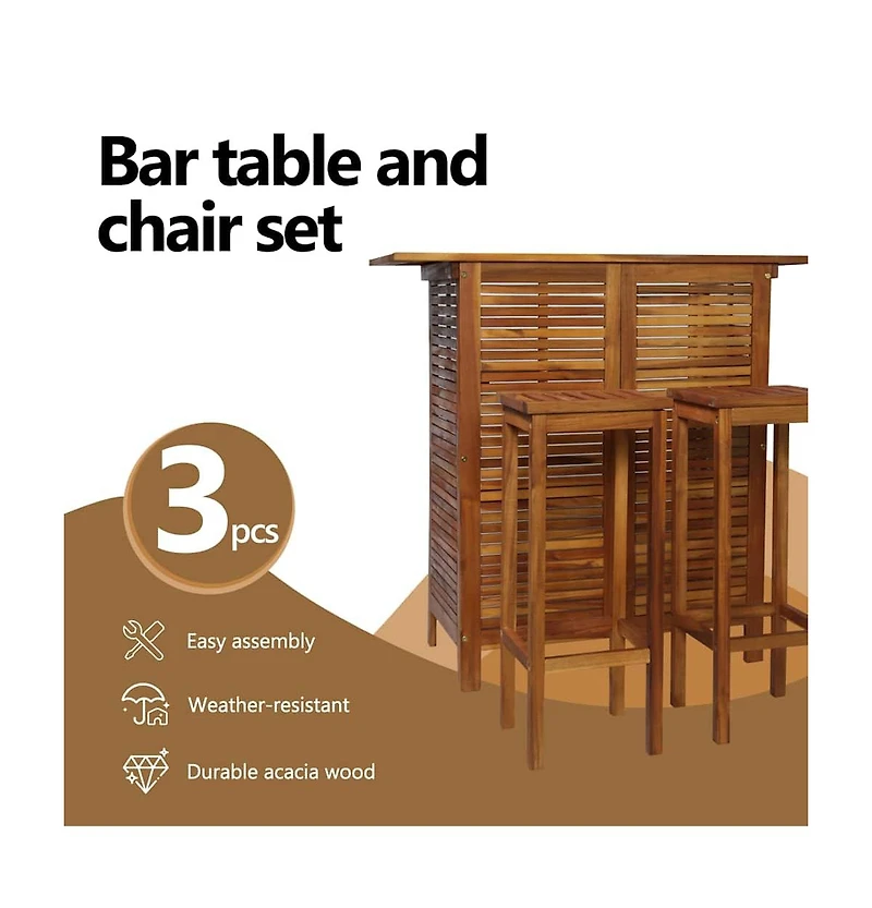 3 Piece Bar Table and Chair Set Solid Acacia Wood