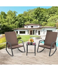 Gymax 3PCS Rattan Bistro Rocking Chair Set Patio Furniture w/ Cushions