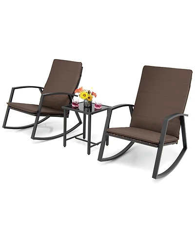 Gymax 3PCS Rattan Bistro Rocking Chair Set Patio Furniture w/ Cushions