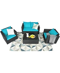 Gymax 4PC Rattan Patio Furniture Set Outdoor Wicker With Turquoise Cushion