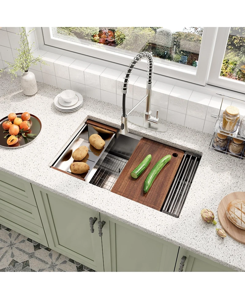 30'' Stainless Steel Kitchen Sink Faucet Sets, Kitchen Undermount Single Bowl with Cutting Board, Roller Blind, Drain Basket, Drain Grid and Drainer
