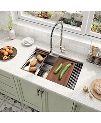 30'' Stainless Steel Kitchen Sink Faucet Sets, Kitchen Undermount Single Bowl with Cutting Board, Roller Blind, Drain Basket, Drain Grid and Drainer
