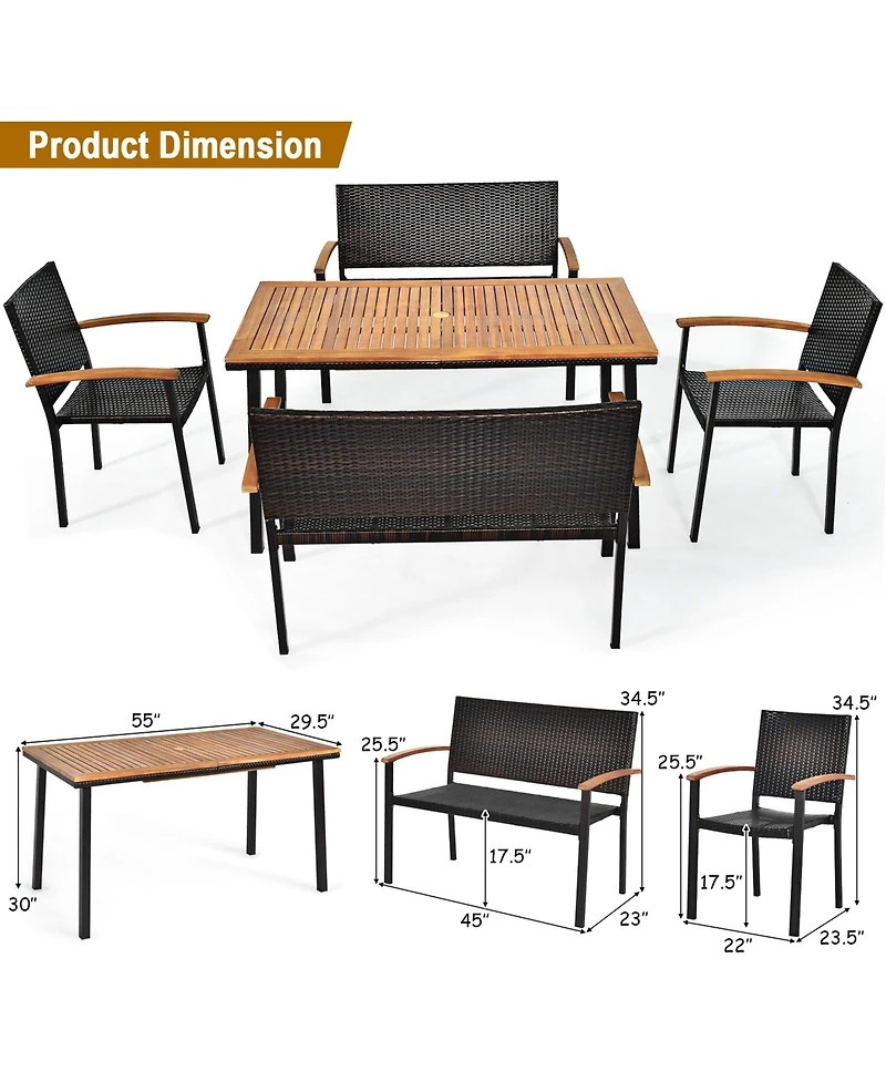 Gymax 5PCS Rattan Outdoor Dining Set Patio Furniture Set w/ Wooden Tabletop