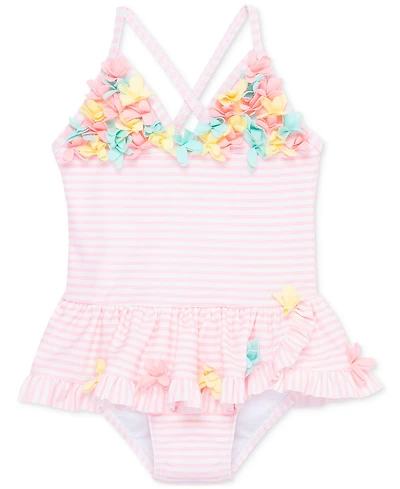 Little Me Baby Girls Floral-Trim Striped One-Piece Swimsuit