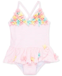 Little Me Baby Girls Floral-Trim Striped One-Piece Swimsuit