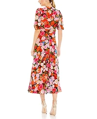 Mac Duggal Women's Floral Print Front Tie Puff Sleeve Flowy Midi Dress
