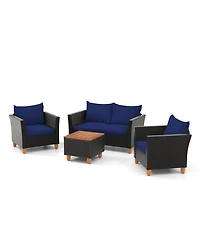 Gymax 4 Pcs Wicker Patio Furniture Set w/ Removable Cushions Storage Coffee Table