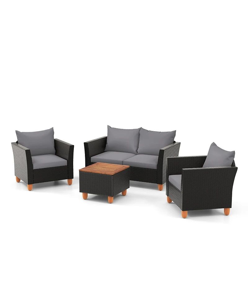 Gymax 4 Pcs Wicker Patio Furniture Set w/ Removable Cushions Storage Coffee Table