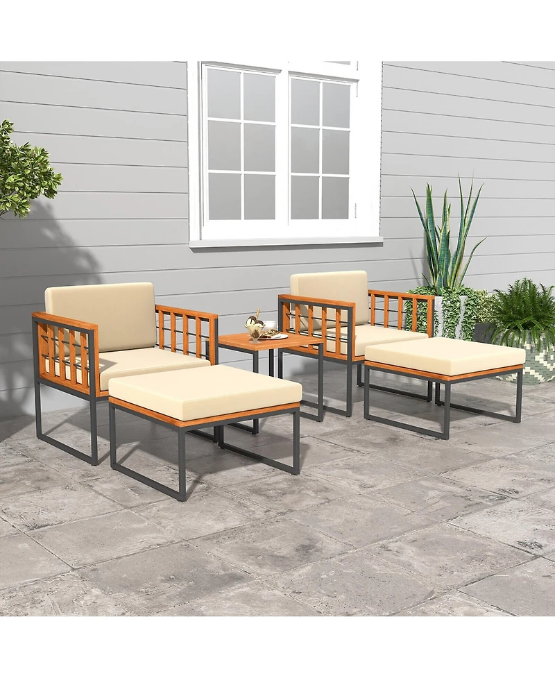 Gymax 5 Pcs Acacia Wood Patio Furniture Set w/ Ottomans Soft Cushions & Coffee Table