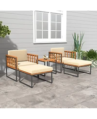 Gymax 5 Pcs Acacia Wood Patio Furniture Set w/ Ottomans Soft Cushions & Coffee Table