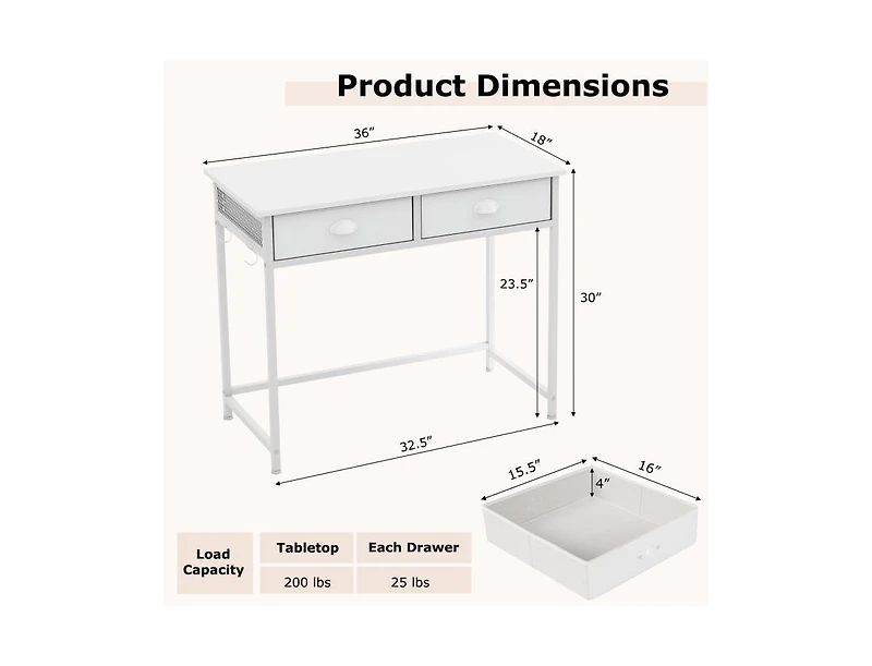 Space-Saving Home Office Desk with 2 Fabric Drawers and 4 Hanging Hooks for Organized Workspace