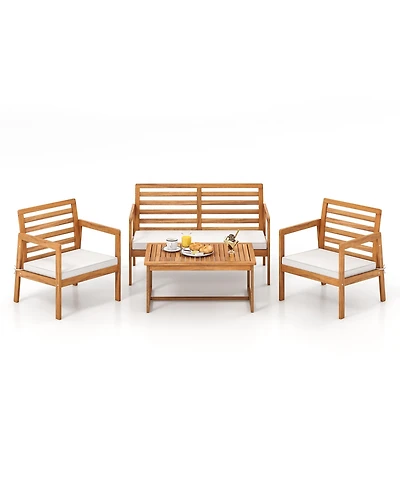 Gymax 4 Pcs Wood Patio Furniture Set w/ Soft Seat Cushions Solid Acacia Wood Frame