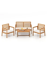 Gymax 4 Pcs Wood Patio Furniture Set w/ Soft Seat Cushions Solid Acacia Wood Frame