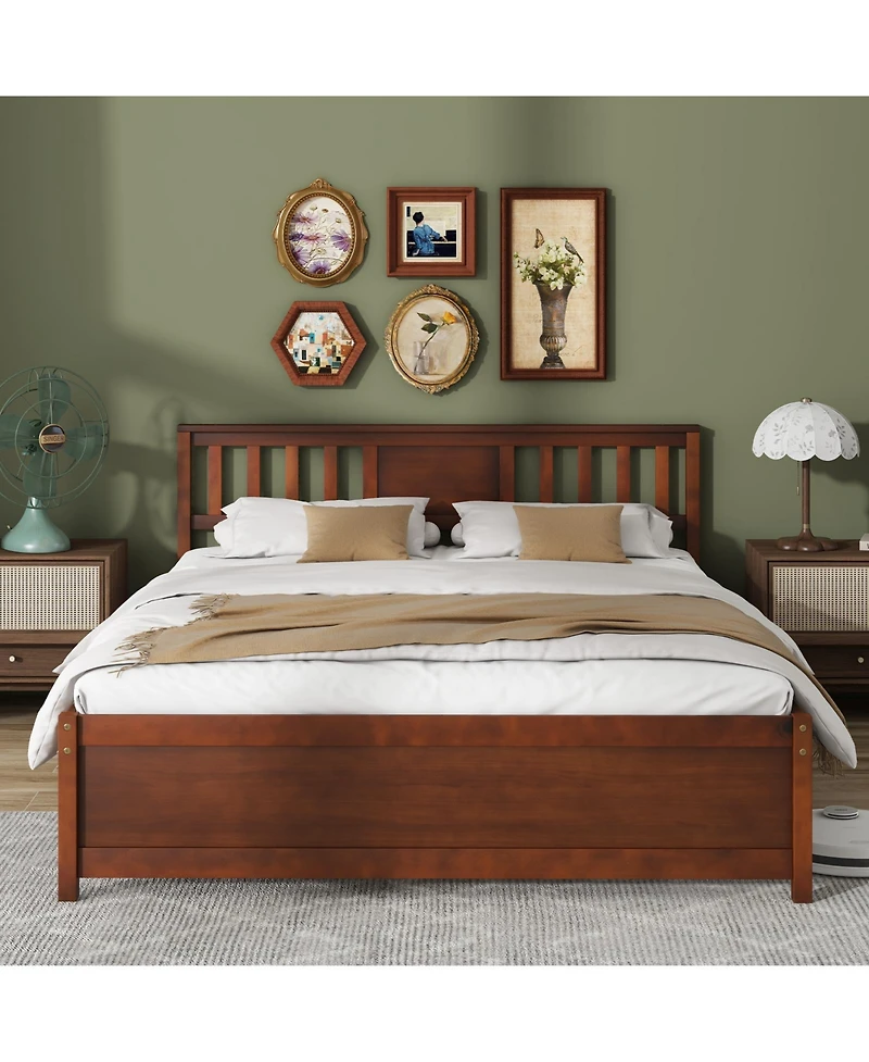 Wooden Platform Bed with Headboard and Slat Support