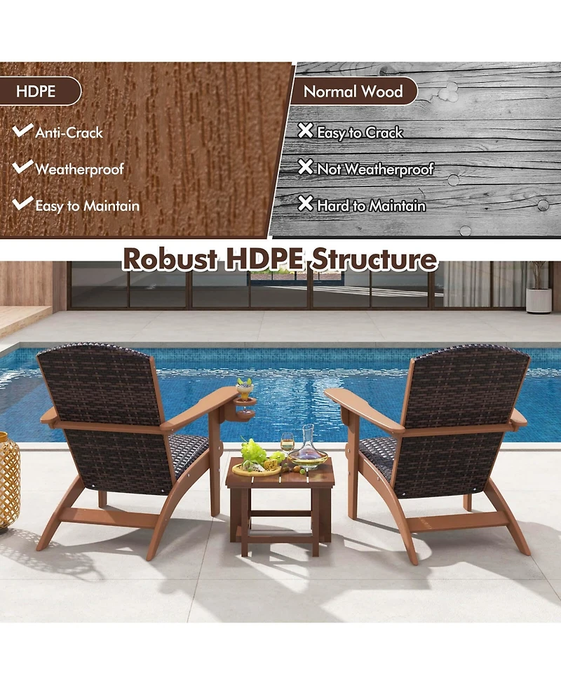 Patio Adirondack Chair with Rattan Padded Seat Wide Armrests & Hidden Cupholder