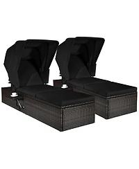 2PCS Patio Rattan Lounge Chair Chaise Cushion Canopy Adjustable Tea Table