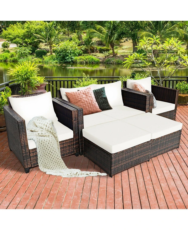 5 Pieces Patio Cushioned Rattan Furniture Set