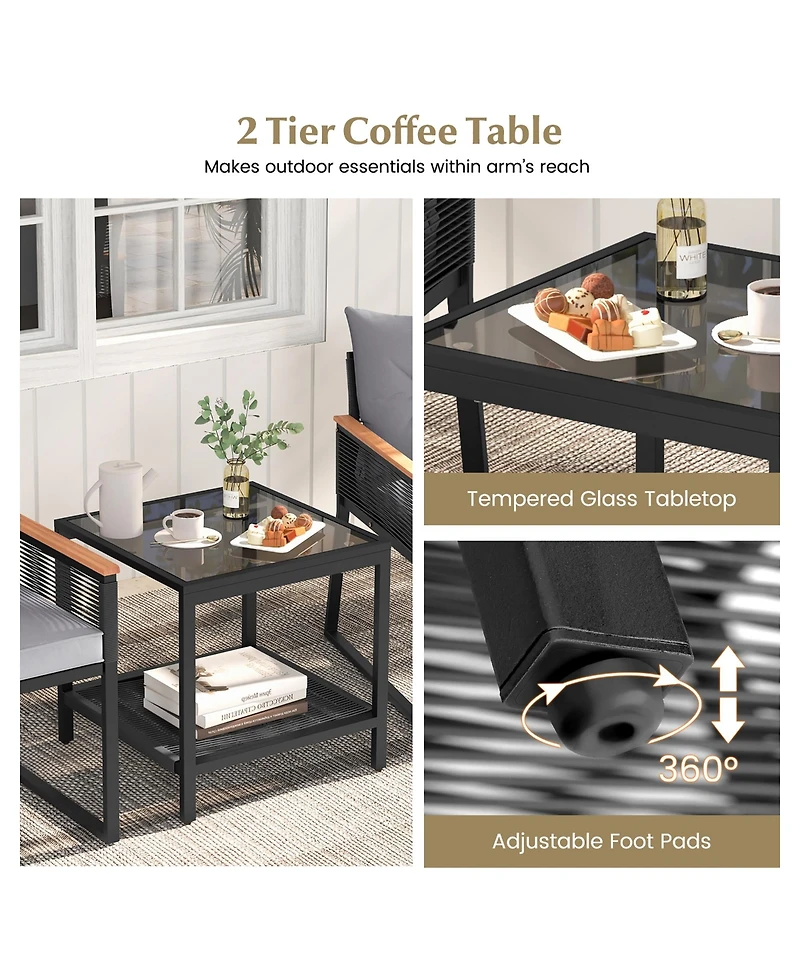 Gymax 3 Pcs Patio Furniture Set Pe Rattan Wicker Chairs w/ 2 Tier Coffee Table Soft Back