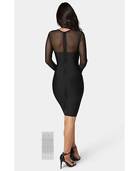 Bebe Women's Long Sleeve Mesh Peek a Boo Bandage Dress
