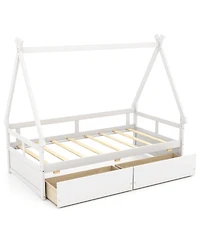 Wooden House Bed with Roof Design and Secure Guardrail