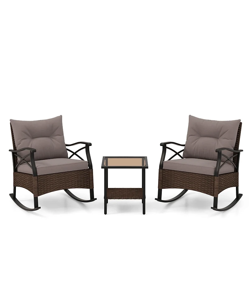 3 Pcs Patio Rocker Set with 2-Tier Coffee Table & Soft Seat Back Cushions Outdoor