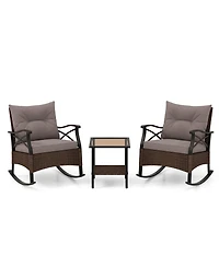 3 Pcs Patio Rocker Set with 2-Tier Coffee Table & Soft Seat Back Cushions Outdoor