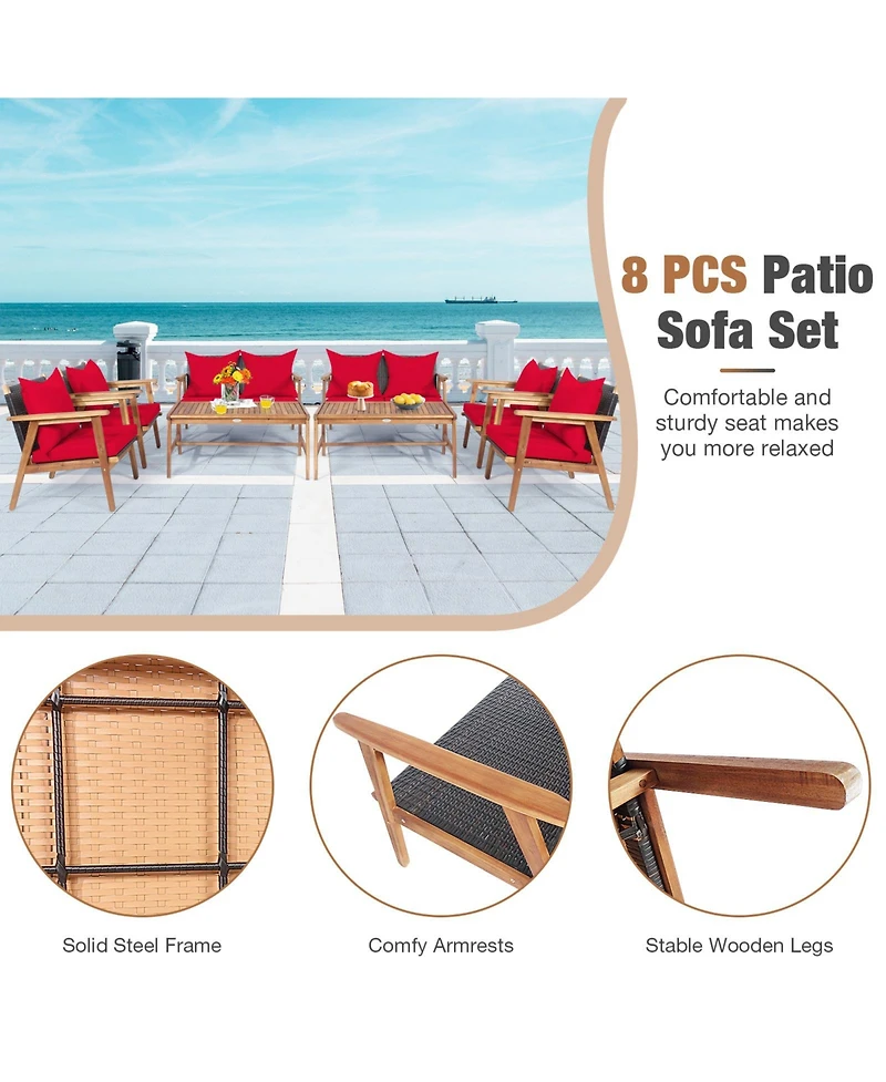 4 Pieces Acacia Wood Patio Rattan Furniture Set with Zippered Cushions