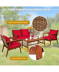 4 Pieces Acacia Wood Patio Rattan Furniture Set with Zippered Cushions