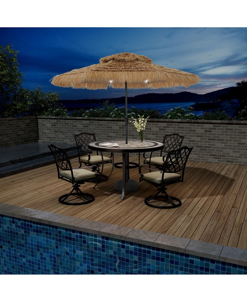 ft. Outdoor Double Layer Hawaiian Style Market Umbrella in Brown with Base and 32-Light Beads
