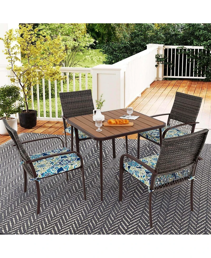 5 Pcs Patio Dining Set with Wood-Plastic Tabletop & Umbrella Hole for Backyard