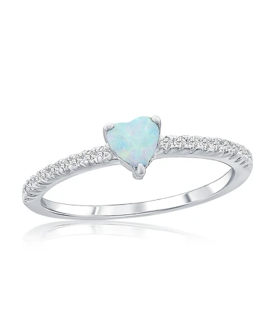 Sterling Silver, White Synthetic Opal Heart & Cz Ring