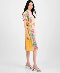 T Tahari Women's Printed Belted Button-Front Dress
