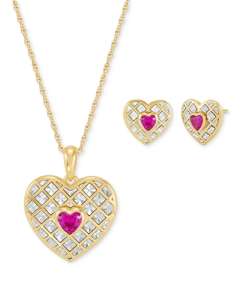 Macy's Created Ruby or Pink Sapphire (1 ct. t.w.) Heart Stud Earrings & Pendant Necklace in 14k Gold Over Sterling Silver, 16" + 2" extender