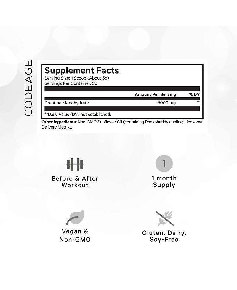 Codeage Liposomal Creatine Powder Supplement, Pure Creatine Monohydrate 5000mg, Pre Workout & Post Workouts